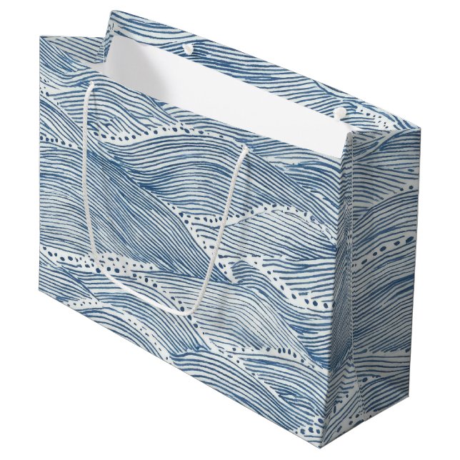 Indigo Wave Line Art Large Gift Bag (Front Angled)