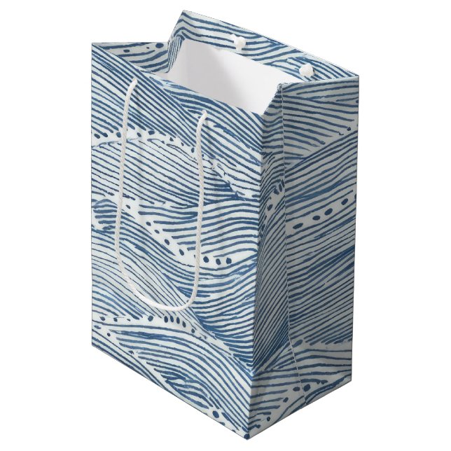 Indigo Wave Line Art Medium Gift Bag (Front Angled)