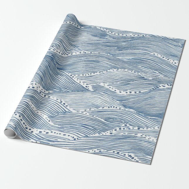 Indigo Wave Line Art Wrapping Paper (Unrolled)
