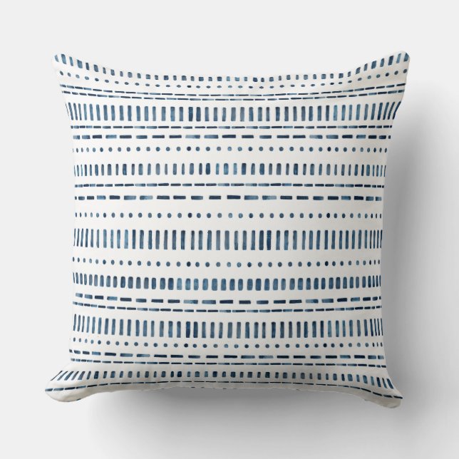 Indigo White Organic Stripes Throw Pillow (Front)