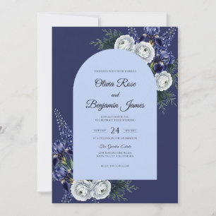 Indigo White Ranunculus Eucalyptus Wedding Invitation