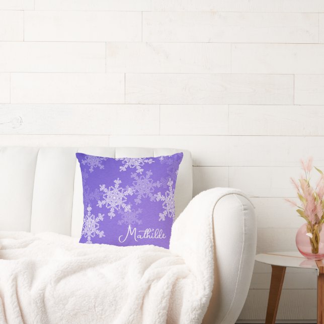 Indigo White Snowflakes Minimalist Christmas Name Cushion (Couch)