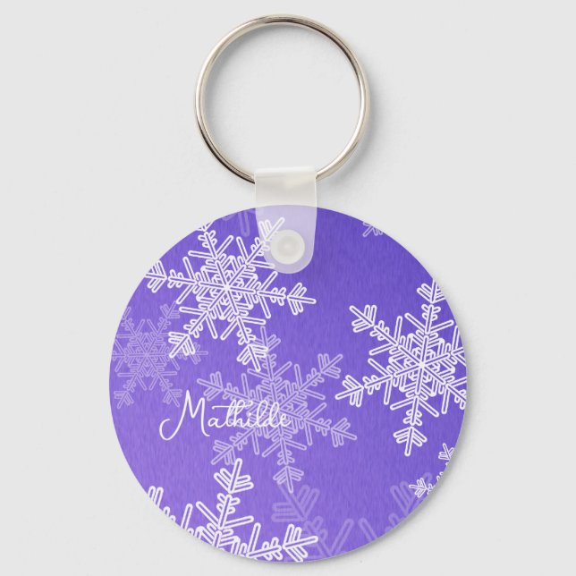 Indigo White Snowflakes Minimalist Christmas Name Key Ring (Front)