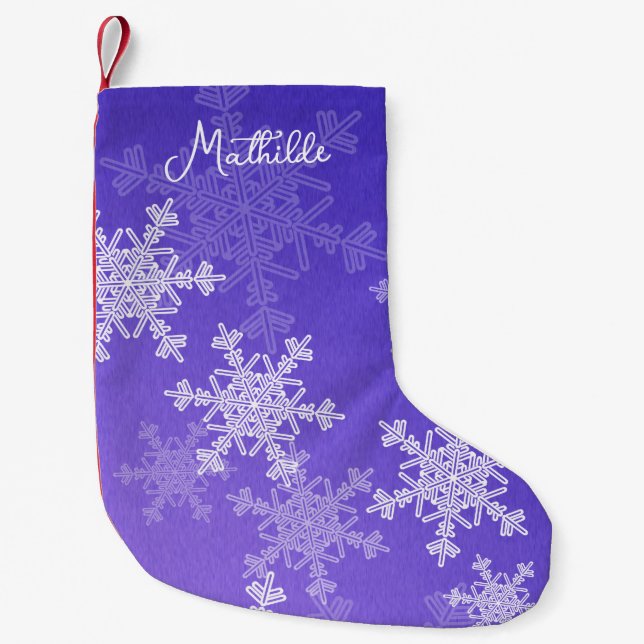 Indigo White Snowflakes Minimalist Christmas Name Small Christmas Stocking (Front)