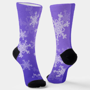 Indigo White Snowflakes Minimalist Christmas Name Socks