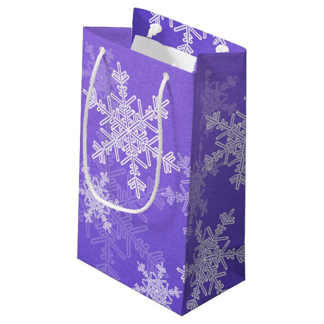 Indigo White Snowflakes Minimalist Christmas Small Gift Bag (Back Angled)