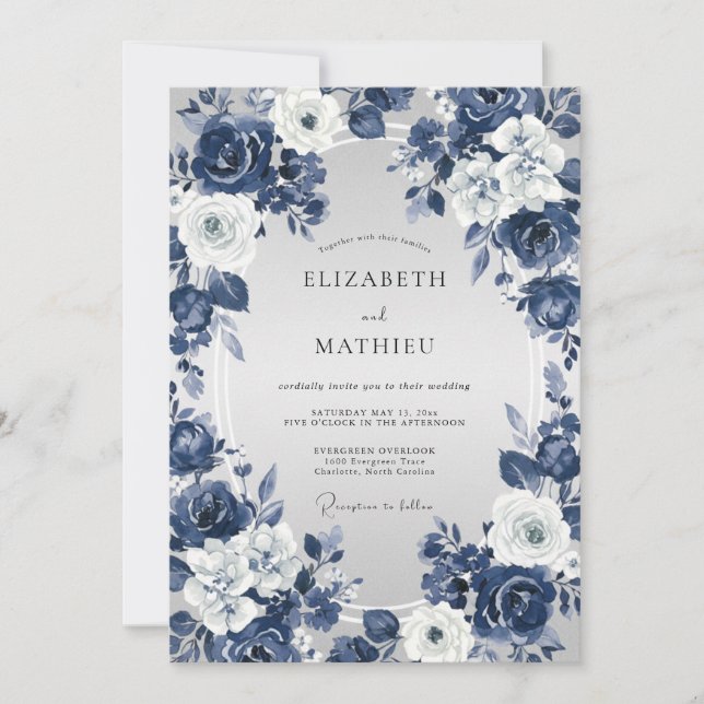 Indigo White Wreath Wedding Invitation (Front)