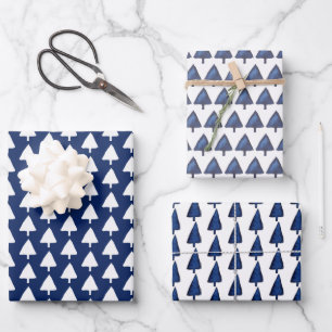 Indigo Winter Tree Pattern Watercolor Art Wrapping Paper Sheet