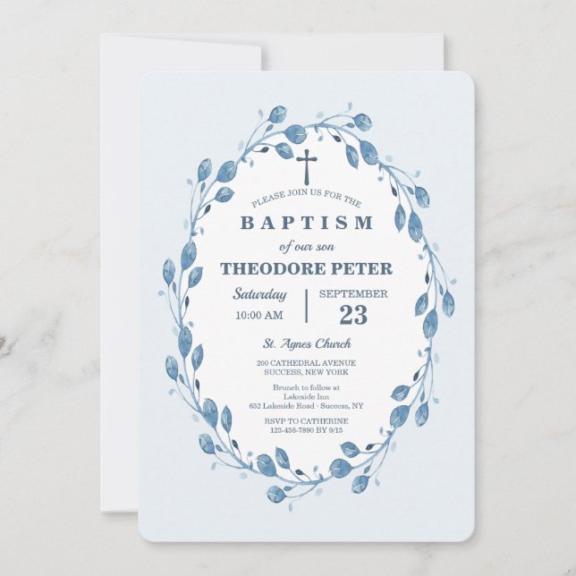 Indigo Wreath Religious Invitation (Front)