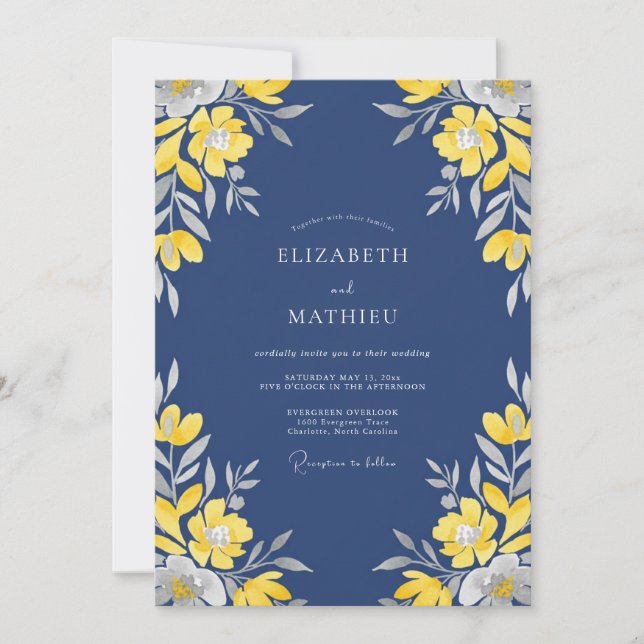 Indigo Yellow Petal Wedding Invitation (Front)