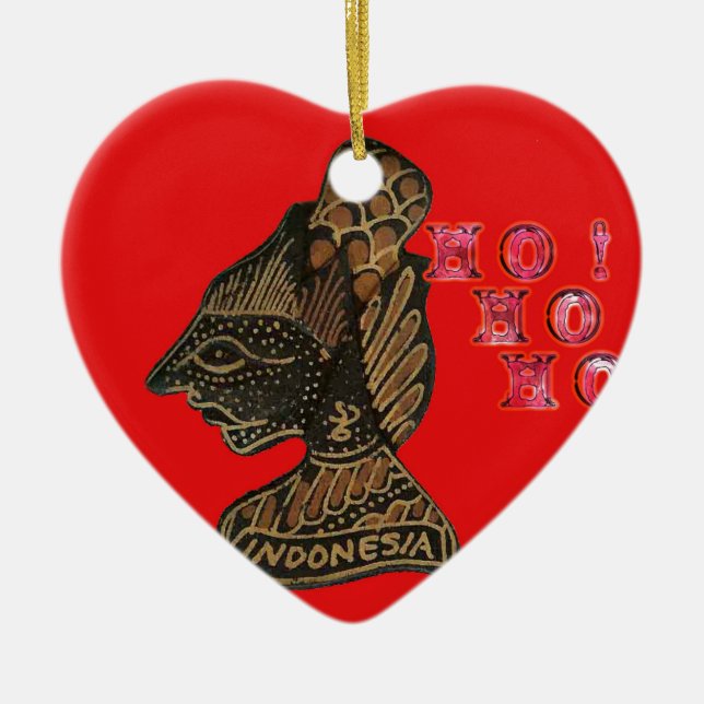 Indonesi Shadow Puppet Hohoho Design on Red canvas Ceramic Tree Decoration (Front)