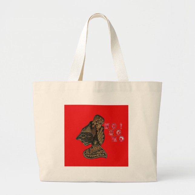 Indonesi Shadow Puppet Hohoho Design on Red canvas Large Tote Bag (Front)