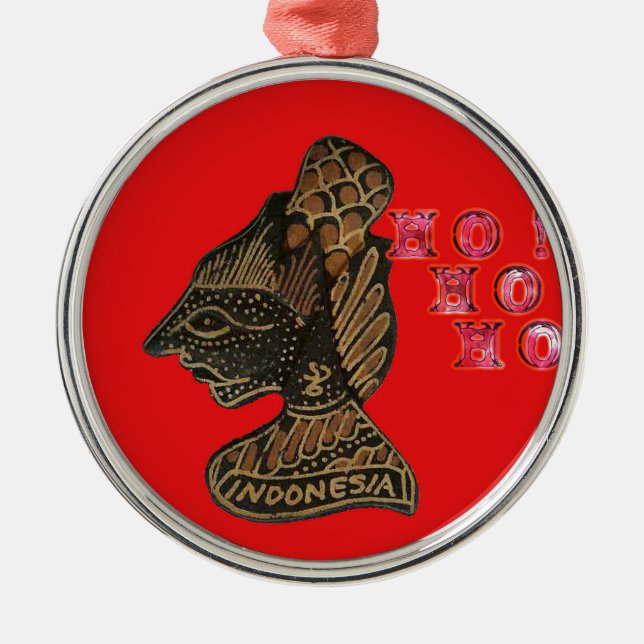 Indonesi Shadow Puppet Hohoho Design on Red canvas Metal Tree Decoration (Front)
