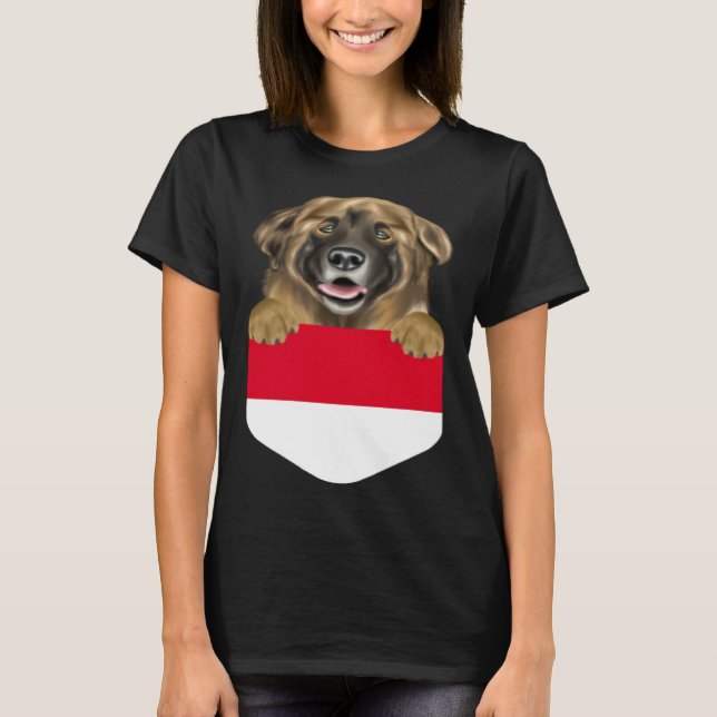 Indonesia Flag Leonberger Dog In Pocket T-Shirt (Front)