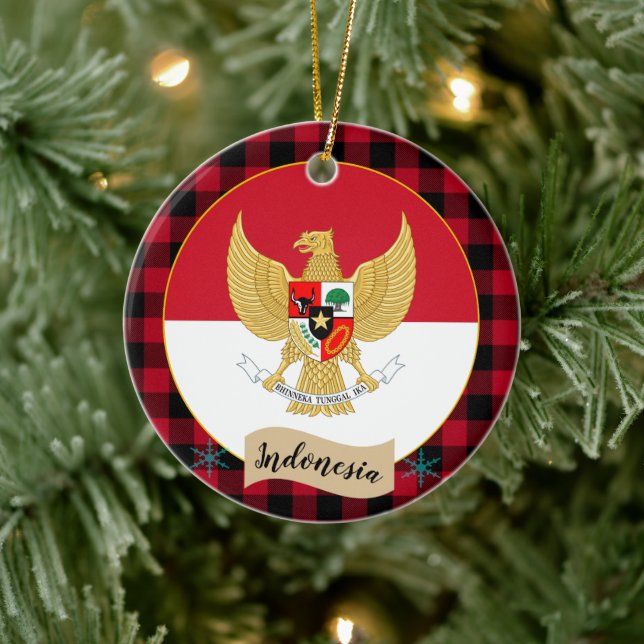 Indonesia, Red buffalo plaid & Indonesian Flag Ceramic Ornament (Tree)