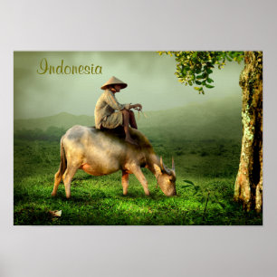 Indonesia Scenic landscape with Buffalo and Farmer Poster