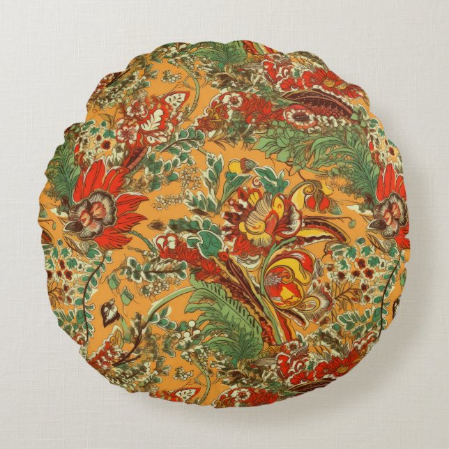 Indonesian Batik Balinese Style Yellow Orange Round Cushion (Front)