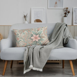 Indonesian Batik Floral Pattern Boho Pink Blue Lumbar Cushion