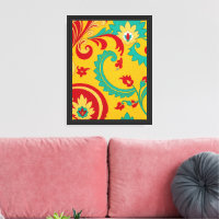 Indonesian Gold Floral Woven Pattern Framed Art
