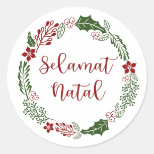 Indonesian Merry Christmas Wreath, Selamat Natal Classic Round Sticker