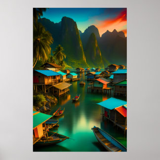 Indonesian Small Fishing Village Poster