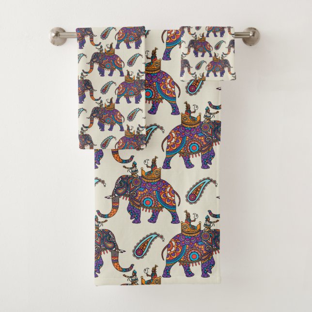 Indonesian Style Elephants with Paisley  Bath Towel Set (Insitu)