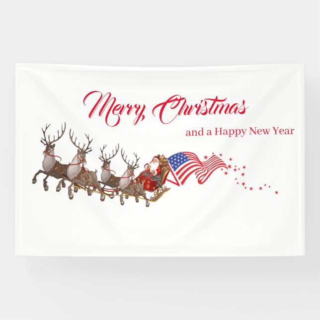 Indoor Banner Santa Reindeer US Flag Christmas (Horizontal)