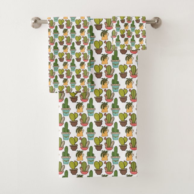 Indoor Cactus & Succulents In Pots Pattern Bath Towel Set (Insitu)