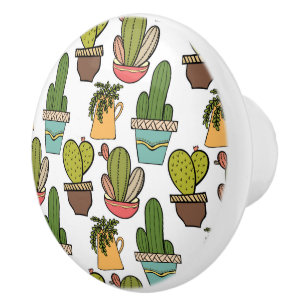 Indoor Cactus & Succulents In Pots Pattern Ceramic Knob
