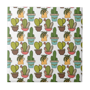 Indoor Cactus & Succulents In Pots Pattern Ceramic Tile