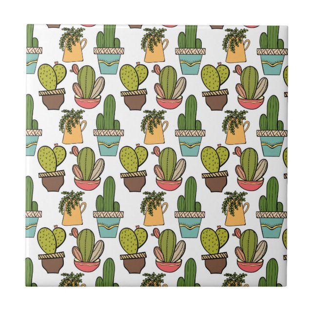Indoor Cactus & Succulents In Pots Pattern Ceramic Tile (Front)