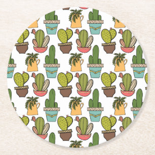 Indoor Cactus & Succulents In Pots Pattern Round Paper Coaster