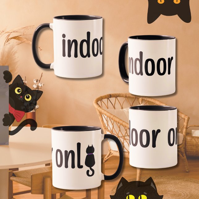 Indoor Only Cat Minimalist Typography Mug (Happily indoor only!)