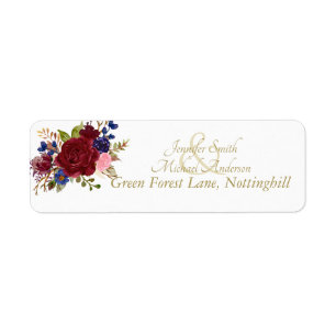 Indulgent Burgundy Royal Blue Pink Roses Wedding Return Address Label
