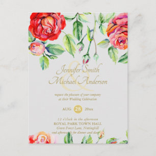 Indulgent Red Roses Watercolor Gold Ampersand Postcard