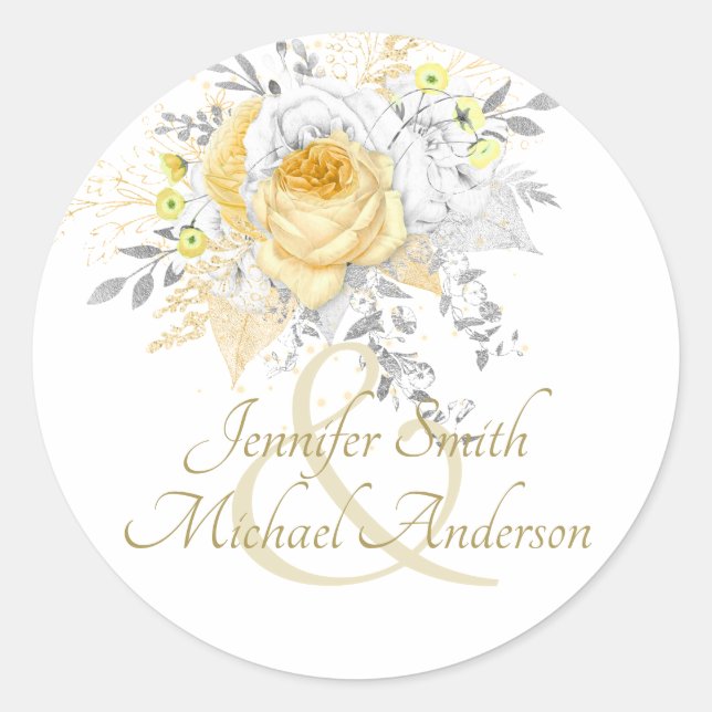 Indulgent White Gold Silver ROSES COUPLE Names Classic Round Sticker (Front)