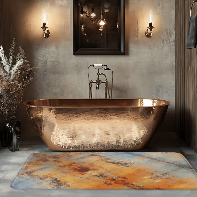 Industrial Abstract Terra Cotta Blue Grey Bath Mat (Abstract industrial design bath mat in blue grey with terra cotta colors.)