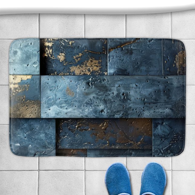 Industrial Blue Abstract  Bath Mat (Bath mat featuring an abstract industrial design in blue and gold colors)