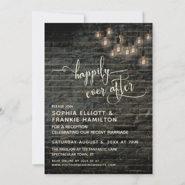 Industrial Brick Edison Lights Happily Ever After Invitation (Front)