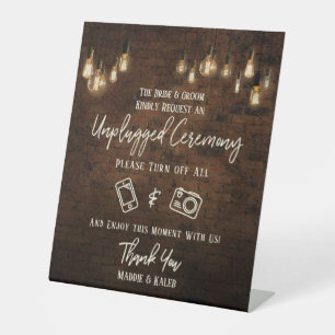 Industrial Brick Edison Lights Unplugged Ceremony Pedestal Sign