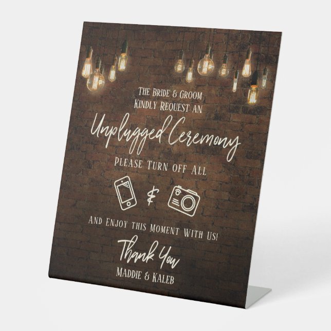 Industrial Brick Edison Lights Unplugged Ceremony Pedestal Sign (Front)