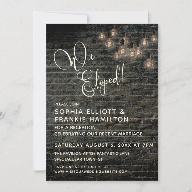 Industrial Brick Round Edison Lights, We Eloped! Invitation (Front)