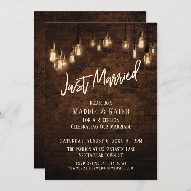 Industrial Brick with Edison Lights, Just Married Invitation (Front/Back)