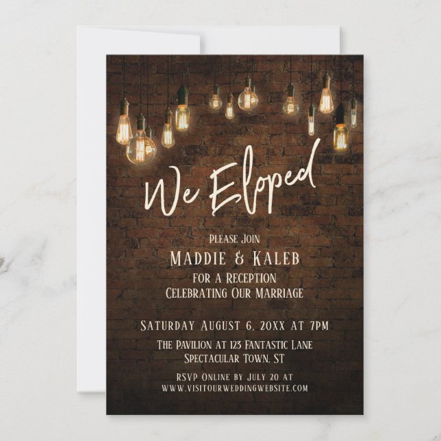 Industrial Brick with Edison Lights, We Eloped Invitation (Front)