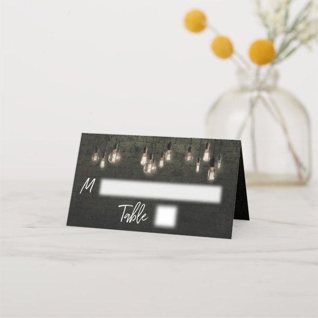 Industrial Bricks, Edison Lights Casual Typography Place Card (Front)
