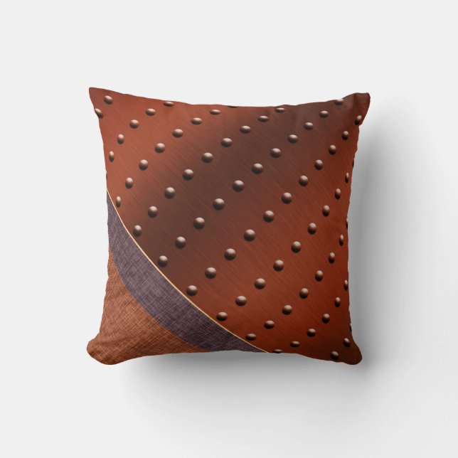Industrial Chic Copper Rivet Burlap Weave Print Cushion (Front)