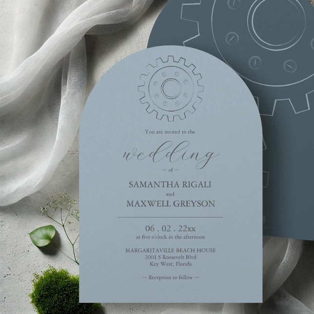 Industrial Chic Steal Blue Wedding Invitations (Industrial chic wedding invitations gear line art by Victoria Grigaliunas of Do Tell A Belle)