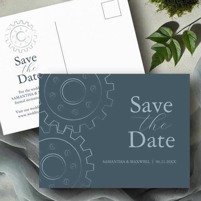 Industrial Chic Wedding Save The Date Postcard (Industrial chic wedding save the date invitations grey with gears in line art Victoria Grigaliunas)
