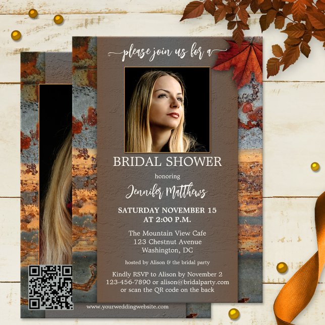Industrial Fall Photo Bridal Shower Invitation (Autumn bridal shower invitation featuring your photos framed by an industrial design + QR code)