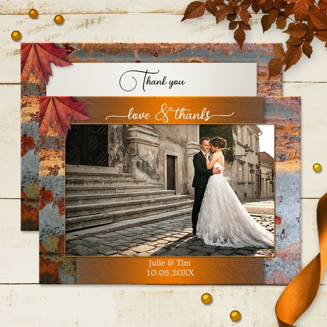 Industrial Fall Wedding Photo Love Thanks Card (Wedding Thank You photo card, featuring your own wedding photo framed by a rustic industrial design)